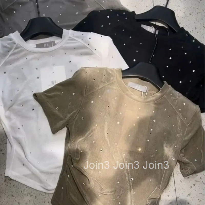 2025 Ropa Mujer Tshirts for Women White Sequin Diamond Crop Tops O-neck Tunic Short Sleeve Tees Casual Chic Sexy Y2k T Shirt