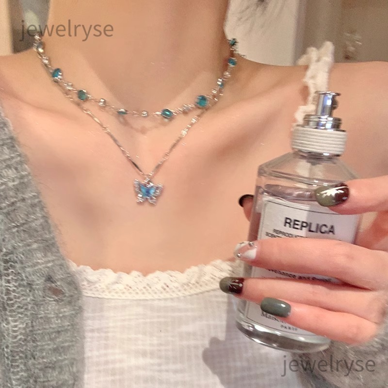 Summer Alloy Blue Double Layer Butterfly Pendant Necklace Jewelry for Women Light Luxury Accessories High-end Layered Clavicle Chain