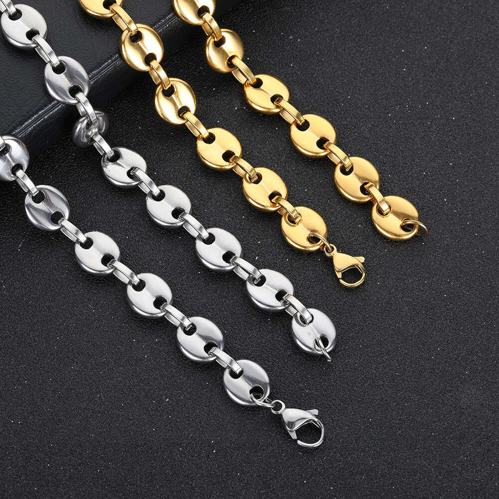 Hip Hop 8mm Coffee Bean Necklace Lobster Clasp Stainless Steel Pig Nose Chain Men's Jewelry f289