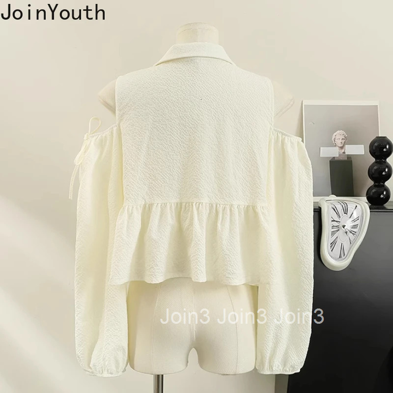 Crop Tops Blouses for Women 2025 Blusas Mujer De Moda Long Sleeve Off Shoulder Shirts Folds Bandage Ruffles Summer Sweet Blouse