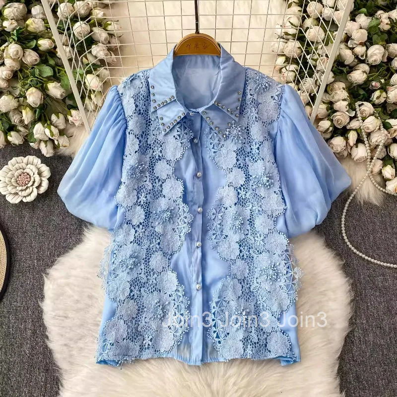 Vintage Womens Shirts 2025 Blusas Mujer De Moda Diamond Puff Sleeve Summer Tops Lace Hollow Out Loose Floral Blouses Female