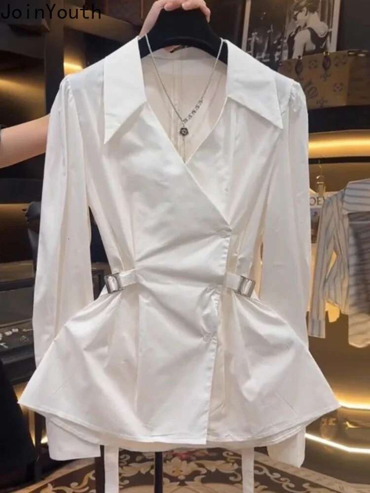 2025 Camisas De Mujer V-neck Slim Waist Shirts Women Clothing Long Sleeve Tunic Blouse Chic Bandage Tops Fchic Korean Blouses