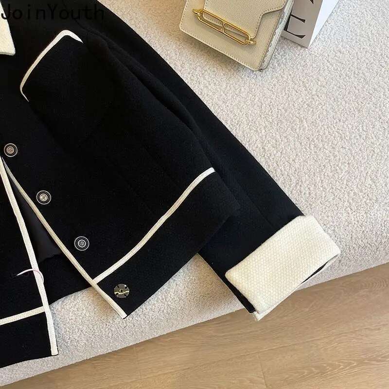 Temperament Jackets for Women Turndown Collar Long Sleeve Tunic Outwear Crop Tops Fashion Korean Vintage Tweed Coat Ropa Mujer