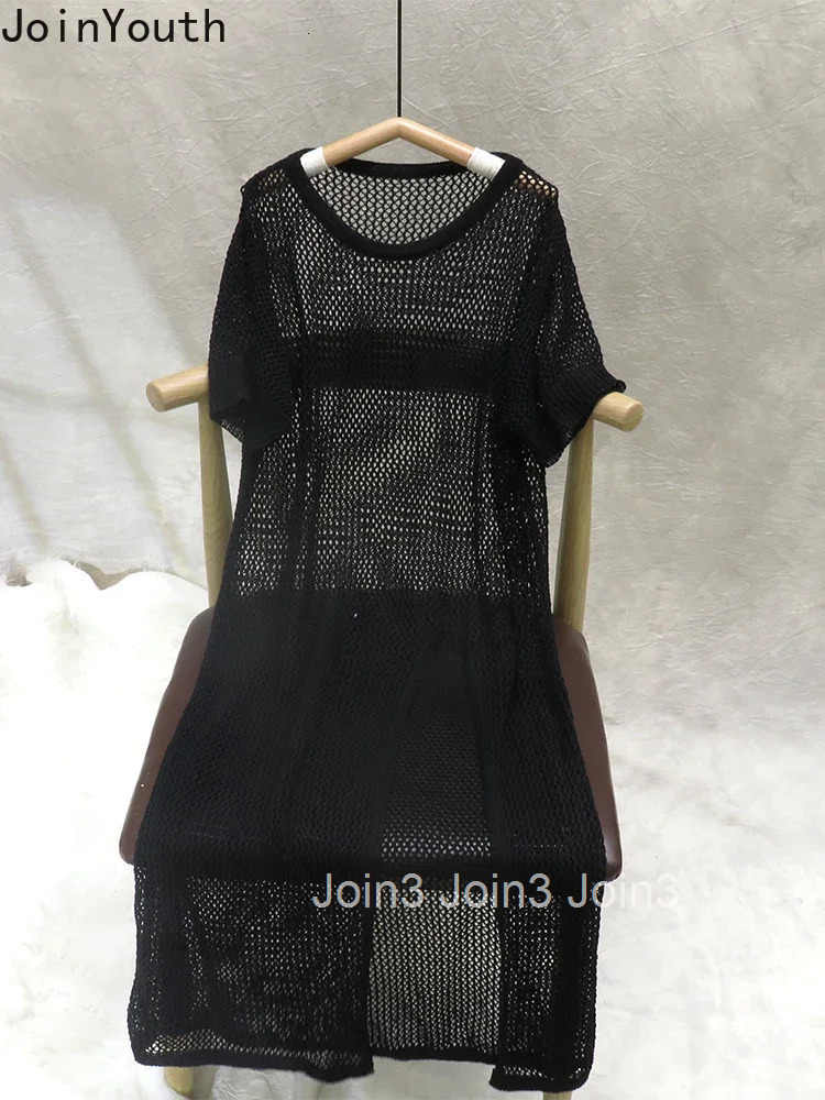 Knitted Dresses for Women Korean Summer Robe Femme 2025 Vestidos De Mujer Short Sleeve Split Hollow Out Thin Fashion Y2k Dress