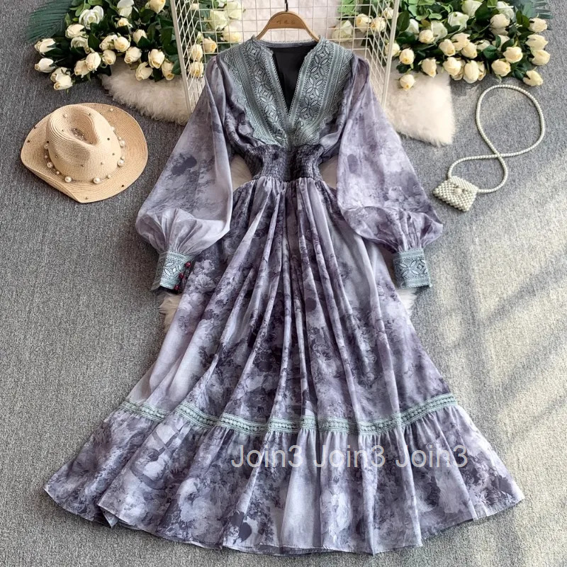 Print Temperament Robe Femme Summer Dress Womens Clothing 2025 Vestidos De Mujer V-neck Lantern Sleeve A-line Vintage Dresses