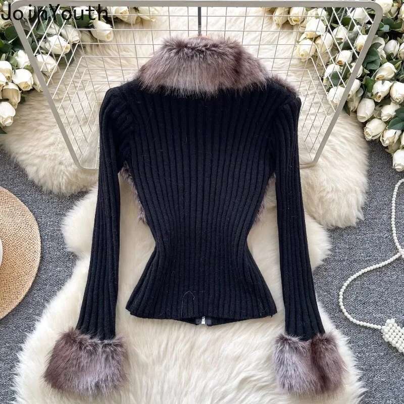 Patchwork Furry Cropped Cardigan Coat Womens Clothing Zipper Slim Fit Sueter Mujre Y2k Tops Fashion Casual Knitting Sweater