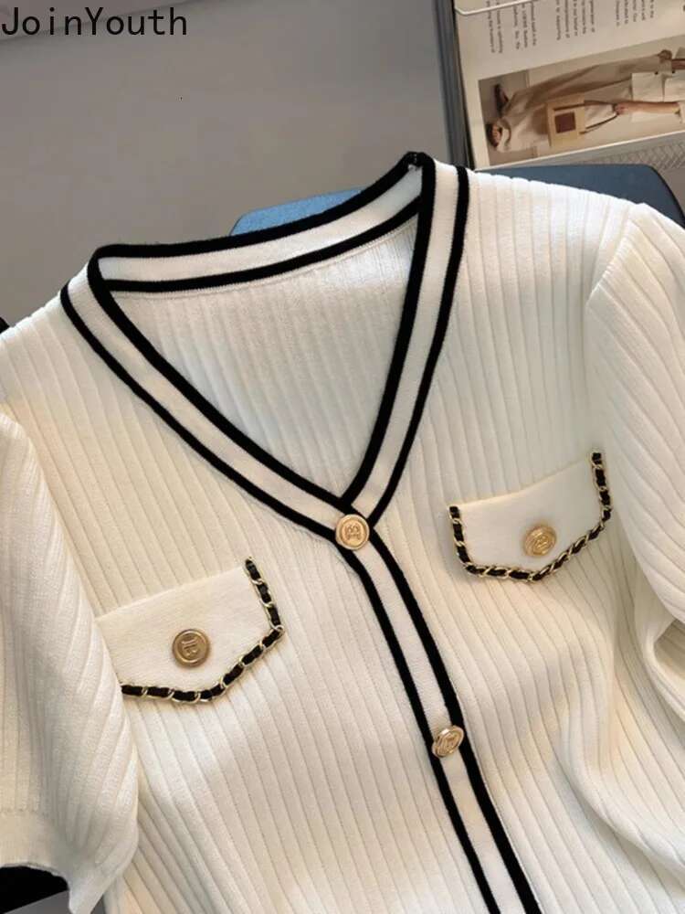 V-neck Short Sleeve Knitted Woman Tshirts 2025 Ropa Mujer Single Breasted Tunic Summer Tees Casual Fashion Korean White T Shirt