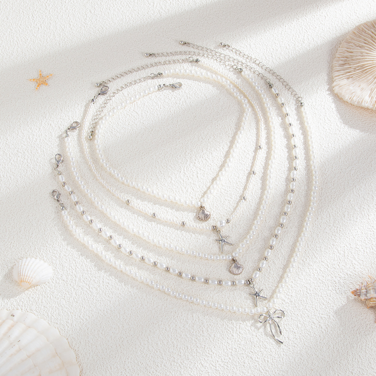 Spicy Style Bow Starfish Pendant Necklace High Quality Pearl Beaded Choker Chain for Women