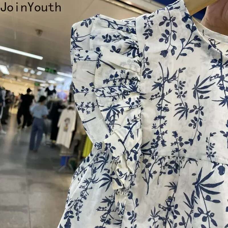 Summer Blouse Women 2025 Blusas Mujer De Moda O-neck Sleeveless Vintage Shirts Loose Floral Blouses Flying Sleeve Ruffles Tops