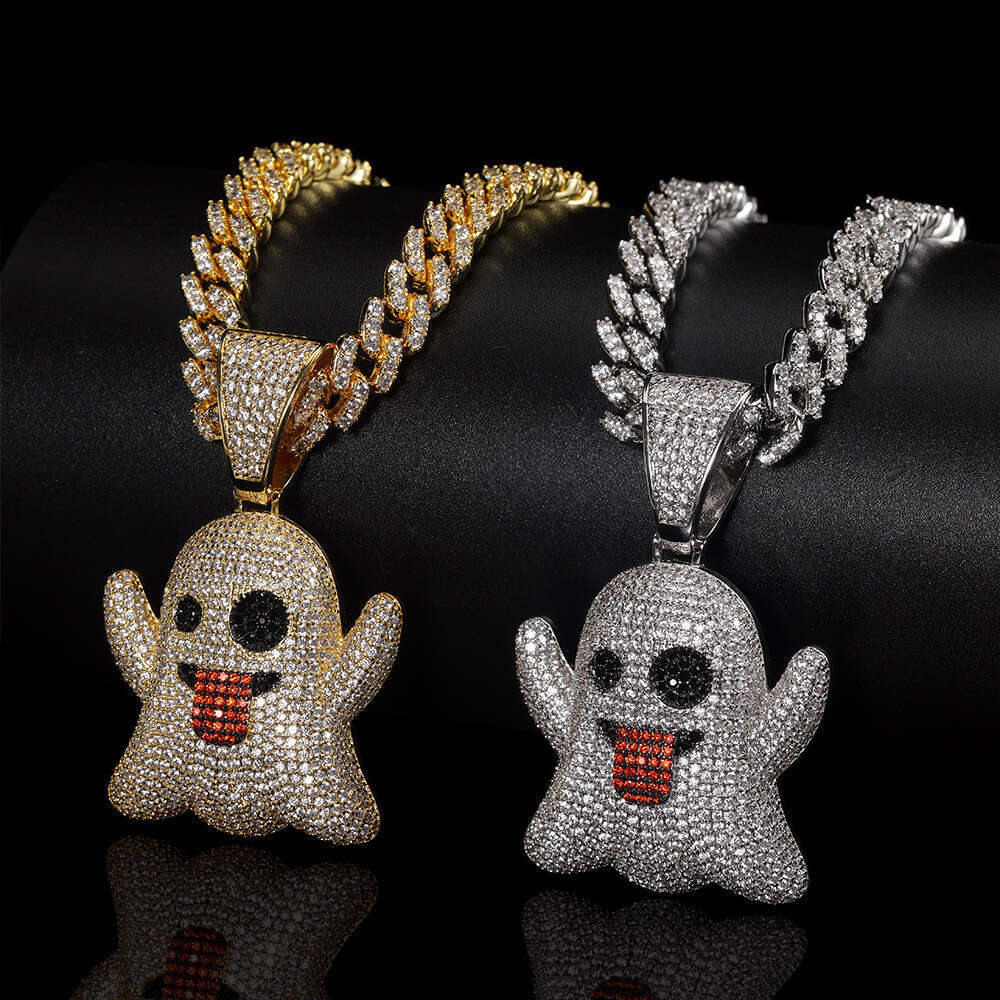 Large Tongue Out Funny Face Ghost Pendant Micro Paved Zircon Trendy Hip Hop Necklace Jewelry 525c