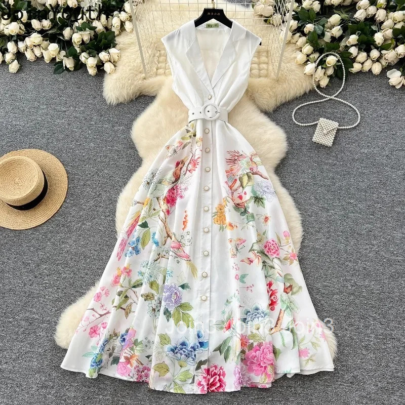 2025 Vestidos De Mujer Summer Dresses Women Clothing Sleeveless Slim Waist Floral Robe Femme Single Breasted Elegant Maxi Dress