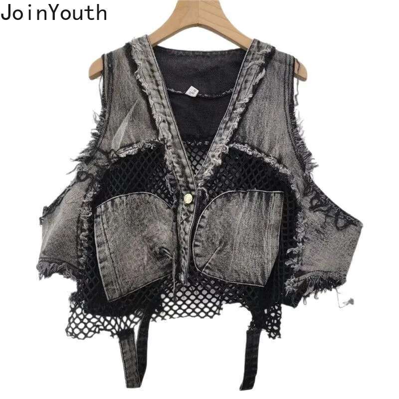 Streetwear Denim Vest Womens Clothing Patchwork Hollow Out Waistcoat Y2k Tops 2025 Ropa Mujer Fashion Casual Sleeveless Tanks