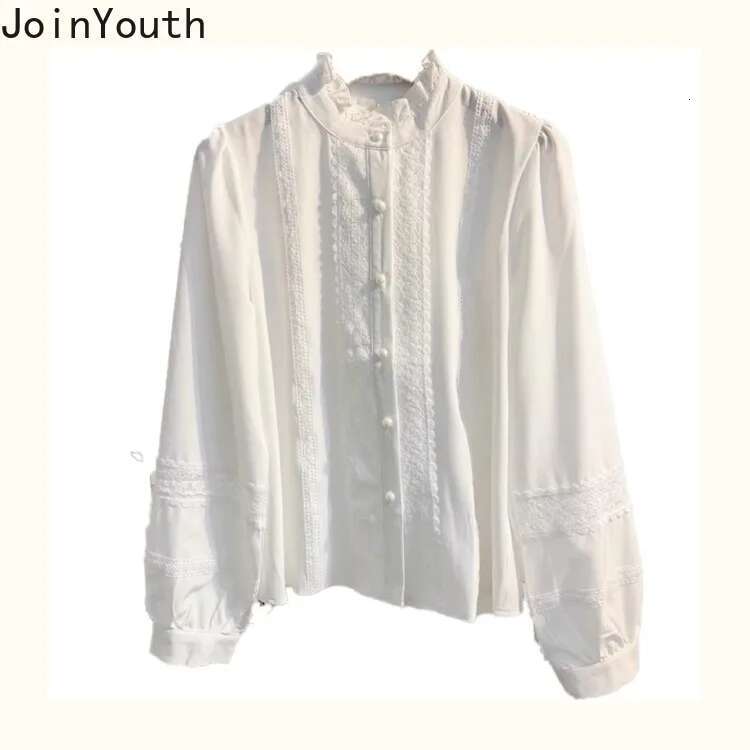 2025 Blusas Mujer De Moda Stand Neck Ruffles Long Sleeve Blouse Women Clothing White Tops Fashion Lantern Sleeve Sweet Shirts