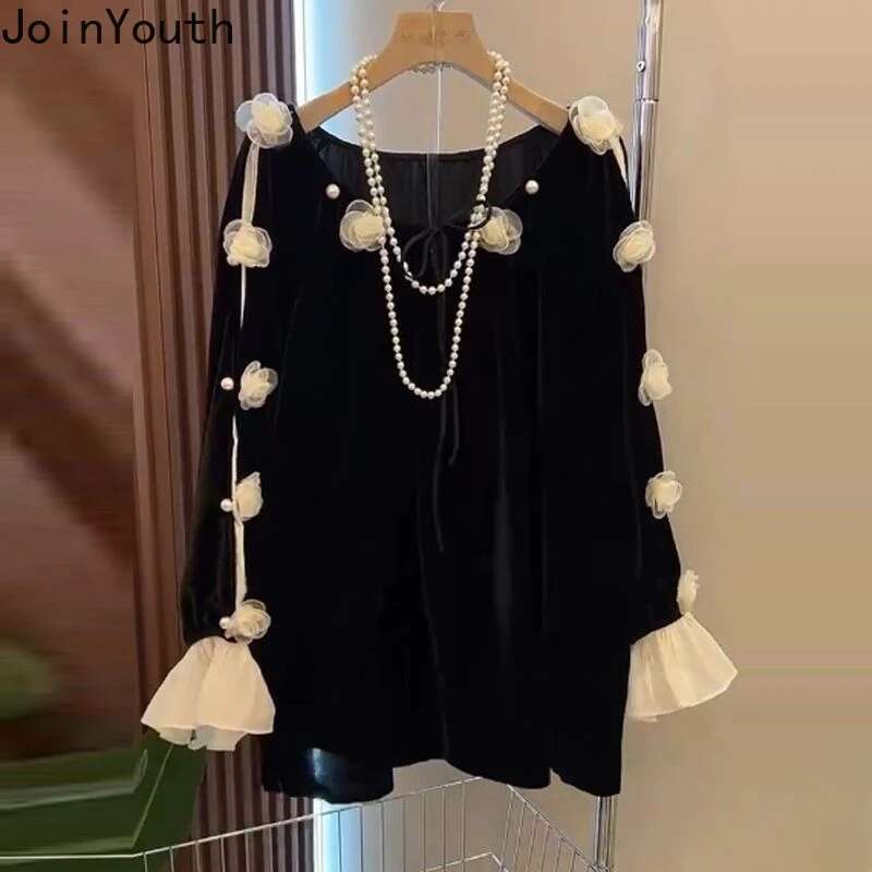 Heavy Beading Shirts 2025 Women Clothing Camisas De Mujer 3D Floral Loose Blouses Vintage Black Tops Chic Velvet Korean Blouse
