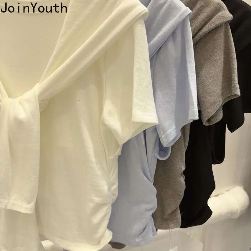 Chic Fake Two Tshirts Women Clothes Fashion White Camisetas 2025 Ropa Mujer Bandage Casual Folds Summer T-shirt Tops Korean Tees