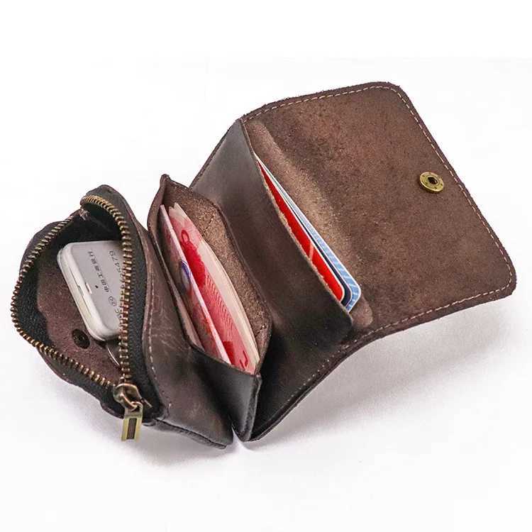 Genuine Leather Wallet For Men Women Vintage Handmade Short Small Mens Purse Card Holder With Zipper Coin Pocket Money Bag Z250621