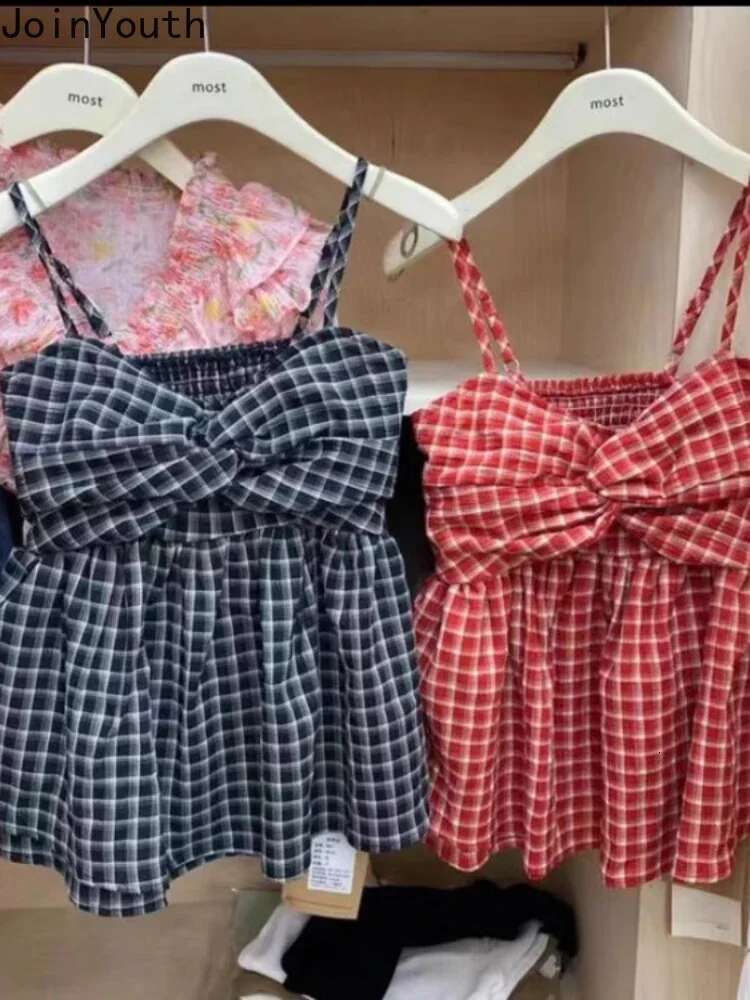 2025 Ropa Mujer Sweet Tanks for Women Plaid Crop Tops Sexy Sling Vest Fashion Summer Camis Sleeveless Backless Loose Y2k Top