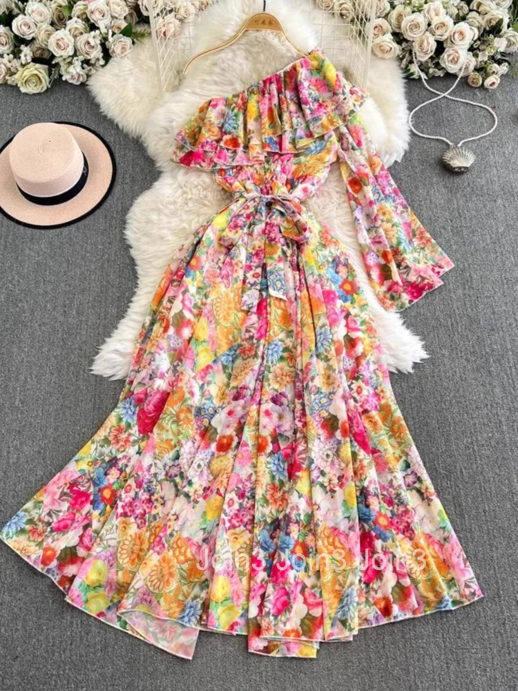 Summer Dress Womens Clothing Floral Flare Sleeve Vintage Robe Femme Off Shoulder Bohemian Maxi Dresses 2025 Vestidos De Mujer