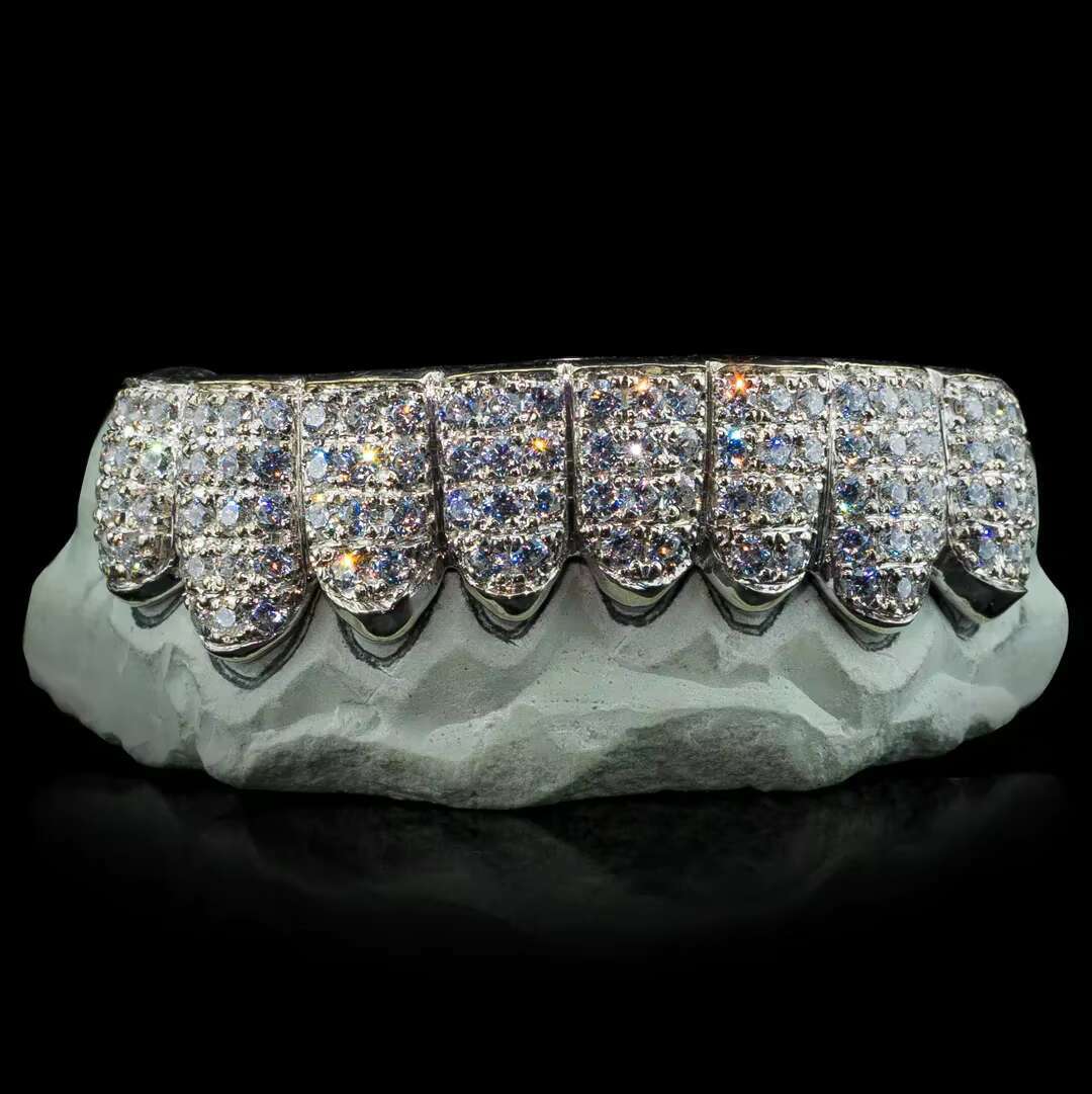 Luxury 14k 18K White Gold Hip Hop Custom 925 Silver Teeth Grillz Iced Out Grillz VVS Moissanite Diamond Grillz Teeth for Men