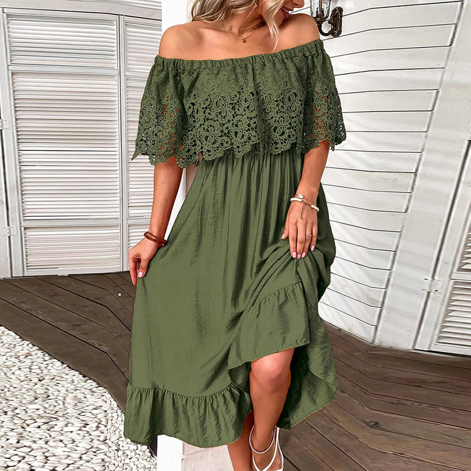 Womens elegant off shoulder long dresses with lace crochet sleeves Maxi ruffle hem summer sasual dress vacation sundresses 250616