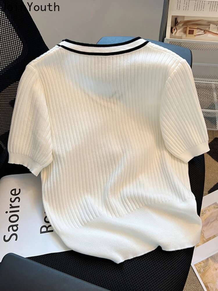 V-neck Short Sleeve Knitted Woman Tshirts 2025 Ropa Mujer Single Breasted Tunic Summer Tees Casual Fashion Korean White T Shirt