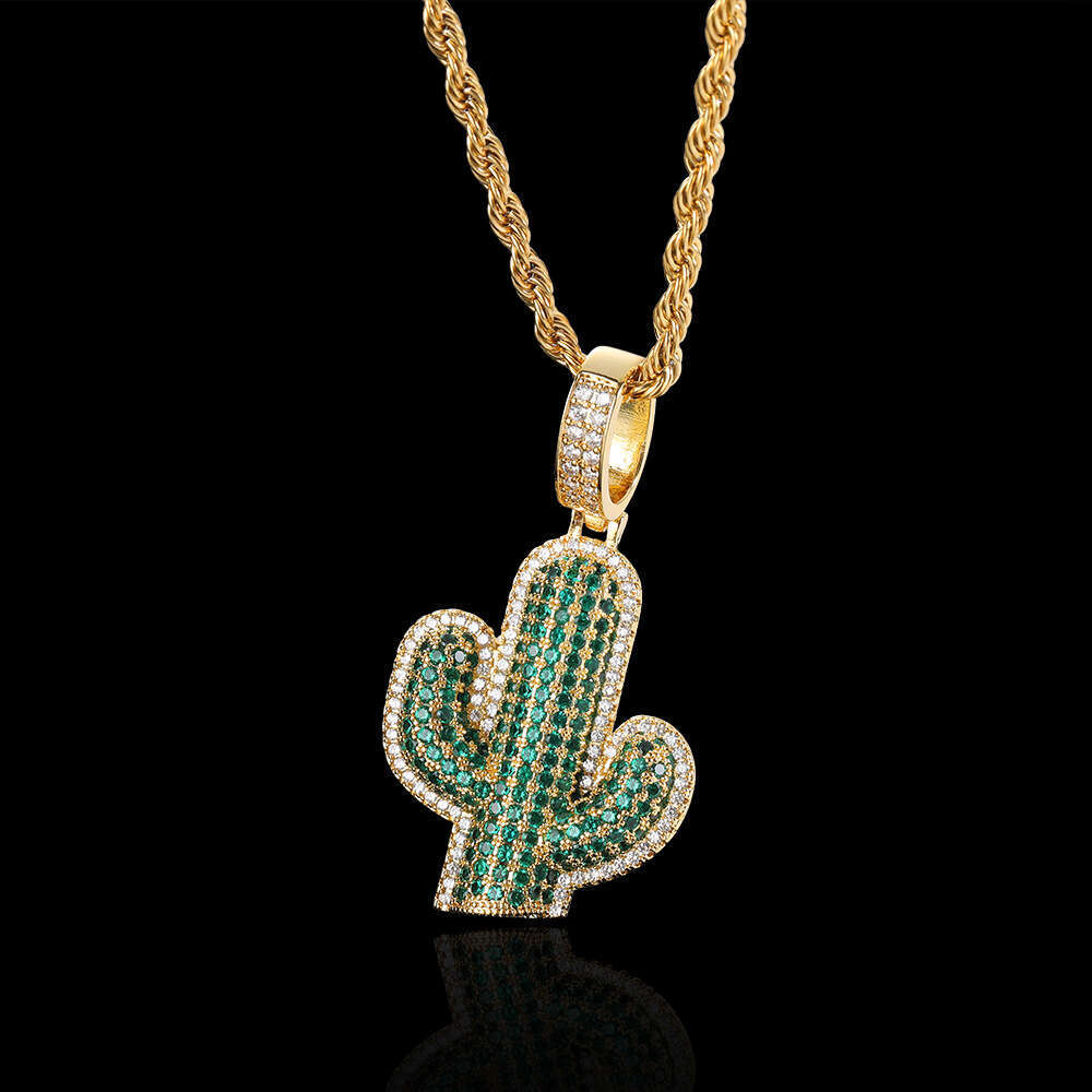 Micro Paved Zircon Solid Cactus Men's Pendant Real Gold Plated Street Fashion Brand Hip Hop Necklace 345f