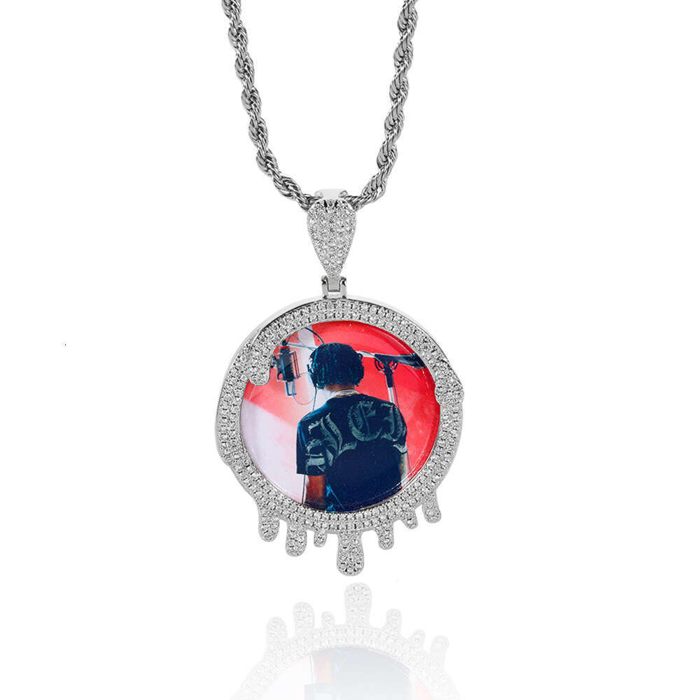 New Hip-Hop Jewelry Round Water Drop Photo Frame Pendant Micro-Paved Zircon Personality Creative DIY Necklace d5bd
