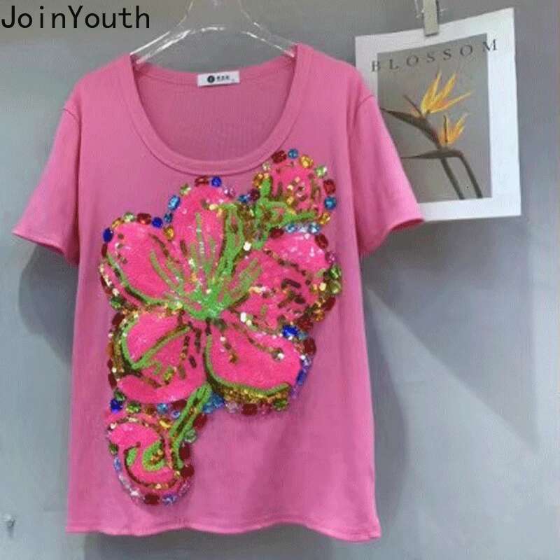 White Woman Tshirts Chic Sweet Summer Tees Short Sleeve O-neck Camisetas Women Clothing Gauze Floral Heavy Beading T-shirt Tops