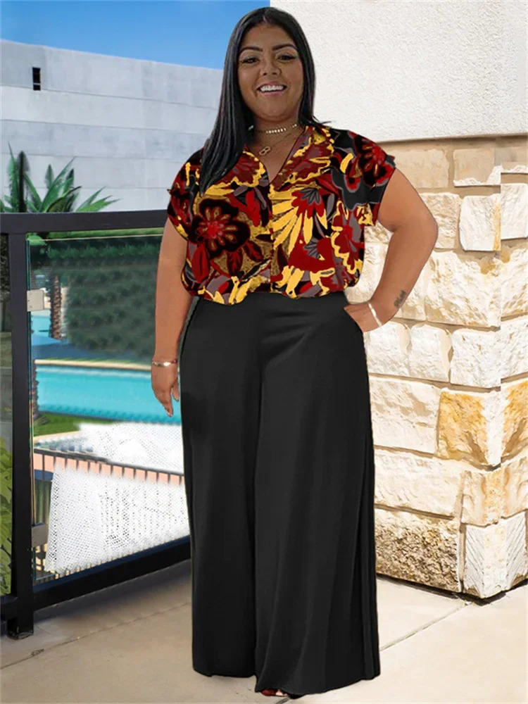Wmstar Plus Size Two Piece Sets Women Clothing Printed T-shirts Tops and Solid Pants Wide Leg Pockets Wholesale Dropshopping 250617