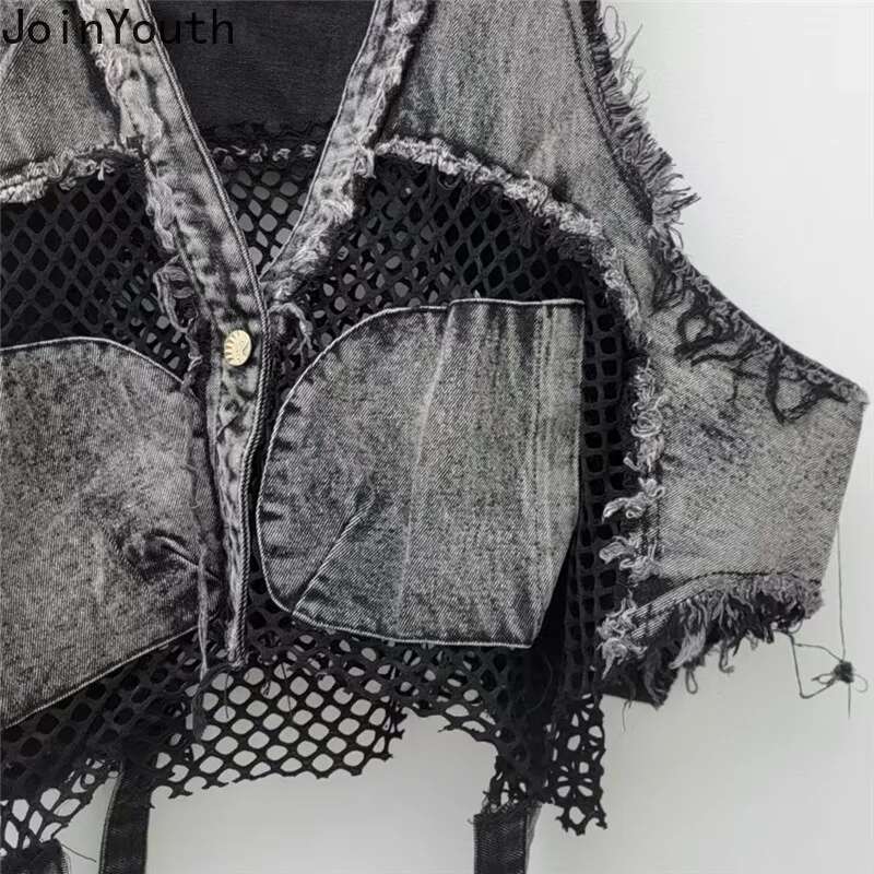 Streetwear Denim Vest Womens Clothing Patchwork Hollow Out Waistcoat Y2k Tops 2025 Ropa Mujer Fashion Casual Sleeveless Tanks