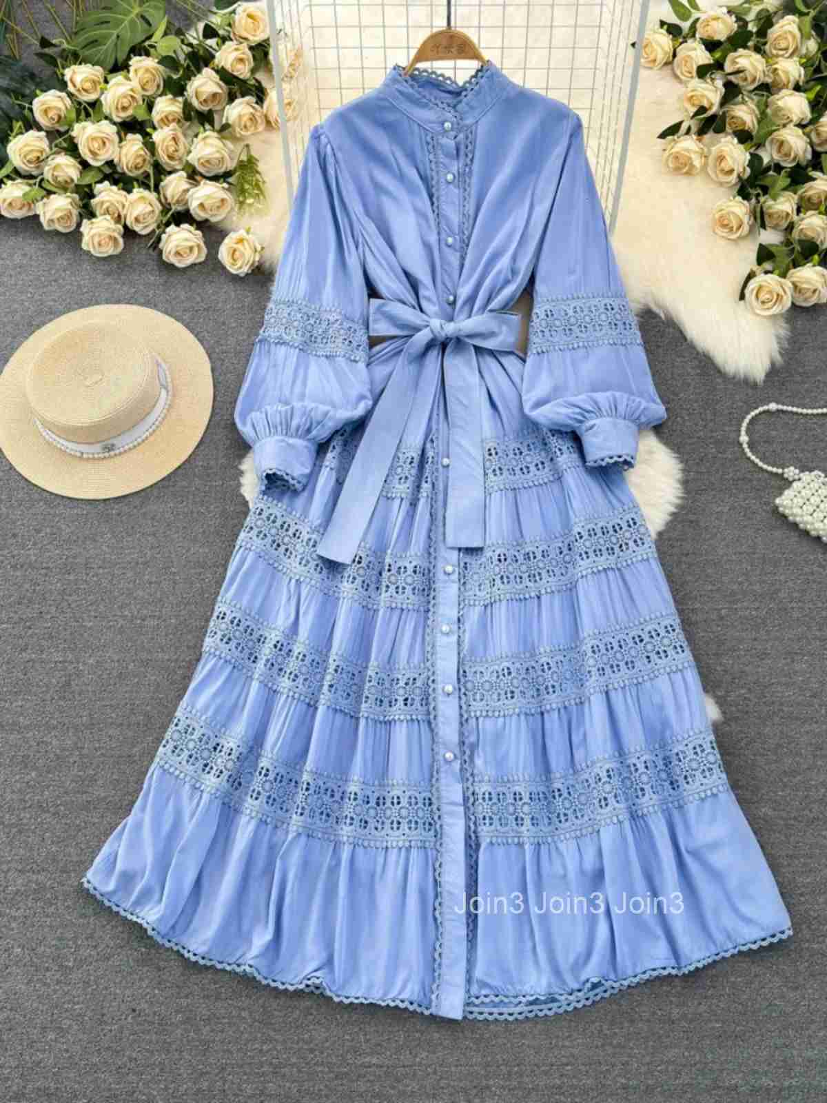 2025 Vestidos De Mujer Elegant Dresses for Women Slim Waist Lantern Sleeve Big Swing Robe Femme Patchwork Lace Maxi Dress 63c585