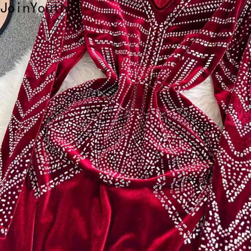 Velvet Woman Fishtail Dress V-neck Tunic Temperament Robe Femme 2025 Vestidos De Mujer Fashion Beading Bodycon Party Dresses