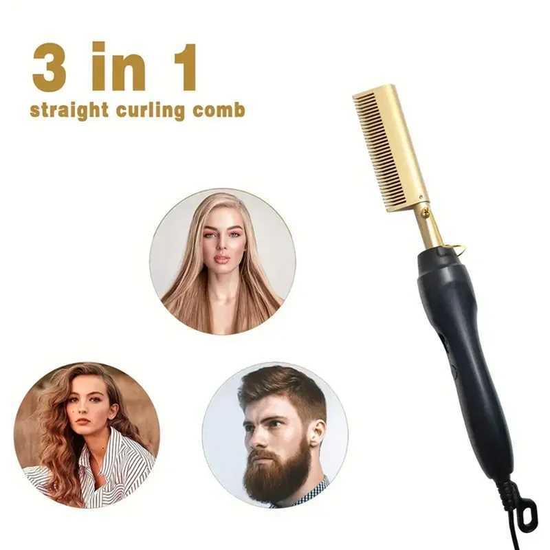 3 IN 1 Comb Electric Hair Straightener Comb Copper Metal Hot Hair Comb Home Beauty Salon DIY Fast Heating Curling Iron CopperXJ250621