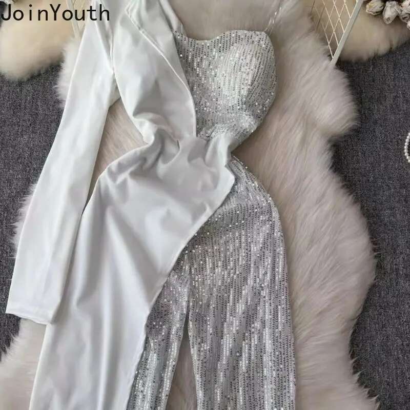 Temperament Korean Jumpsuits Women Clothing Contrast Color Off Shoulder Long Sleeve Bodysuit Heavy Sequin Summer Playsuit 7p519