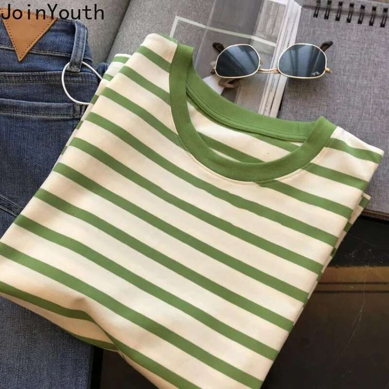 Cotton Shirts for Women Striped Chic T Shirts 2025 Ropa Mujer Short Sleeve O-neck Tees Casual Korean Y2k T-shirts Oversized Tops