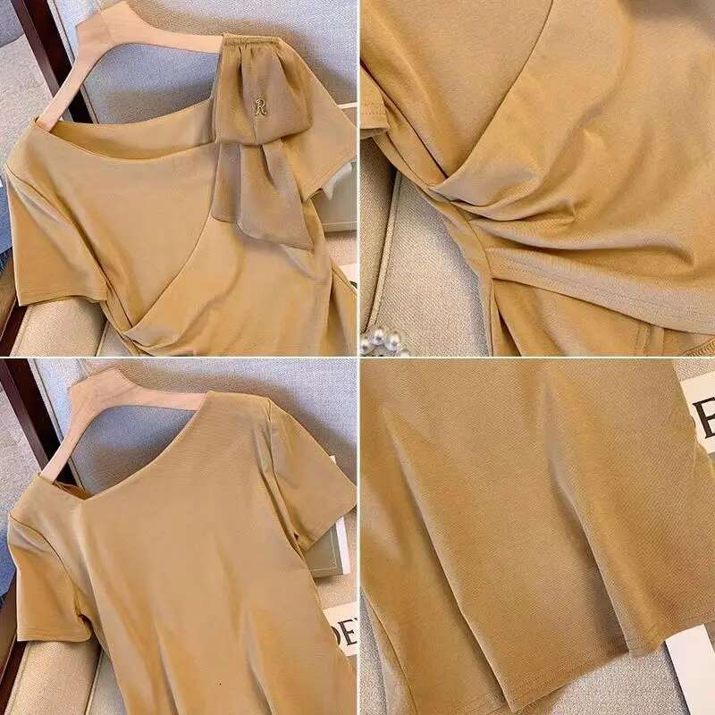 Cotton Woman Tshirts Short Sleeve Folds Tees Fashion Irregular Summer T Shirts 2025 Ropa Mujer Korean Temperament Tops Femme