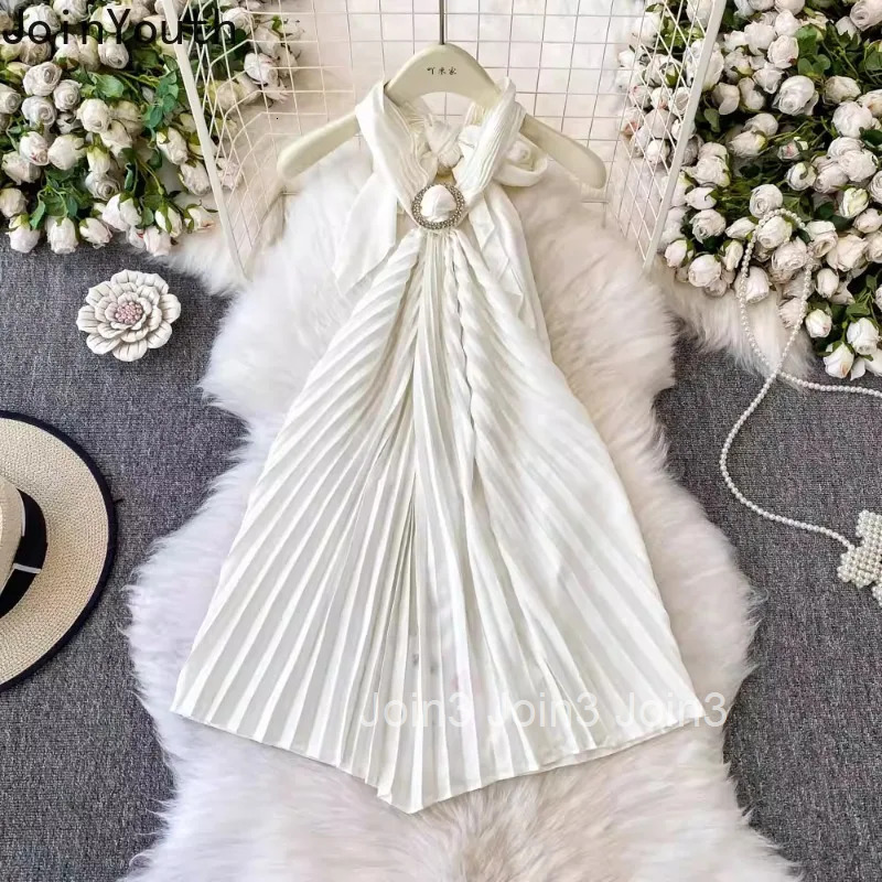 2025 Vestidos De Mujer Backless Sexy Dress Women Clothing Sleeveless Bandage High Waist Tunic Robe Femme Summer Pleated Dresses