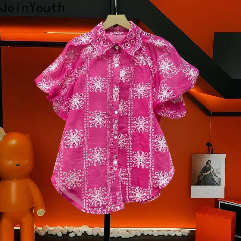 Summer Blouse 2025 Women Clothing Puff Sleeve Vintage Solid Color Shirts Camisas De Mujer Hollow Out Embroidery Blouses Tops