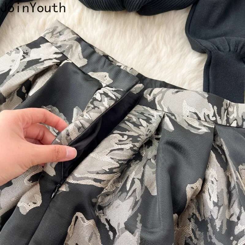 2 Piece Skirt Set Womens Clothing Half High Collar Knitted Pullovers High Waist Big Swing Skirts Outfits Vintage Korean Suit