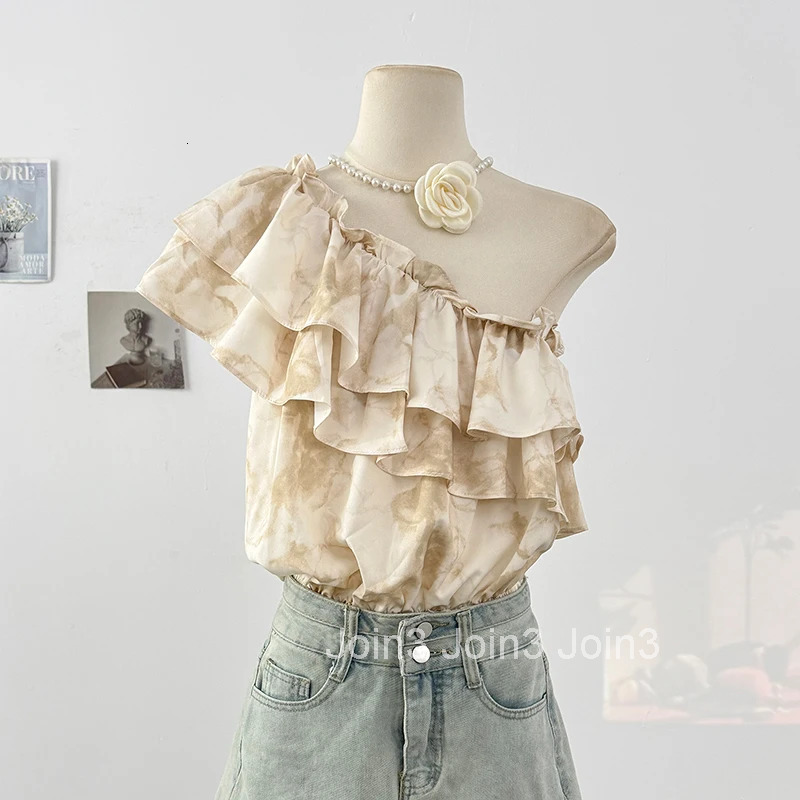 Tie-dye Ruffles Blouses Womens Clothing Off Shoulder Summer Shirts Skew Neck Crop Tops 2025 Blusas Mujer De Moda Folds Blouse