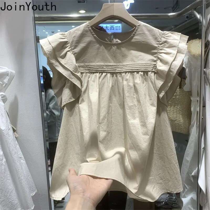 Korean Blouse for Women Flying Sleeve O-neck Loose Shirts 2025 Blusas Mujer De Moda Vintage Summer Tops Chic Sweet White Blouses