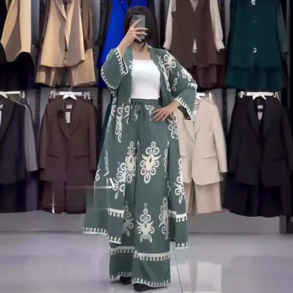 Eid Muslim Suits Women Print Blouses Wide Leg Pants Set Two Piece Musulman Ensemble Dubai Arabic Morocco Islam Casual Ramadan 250617