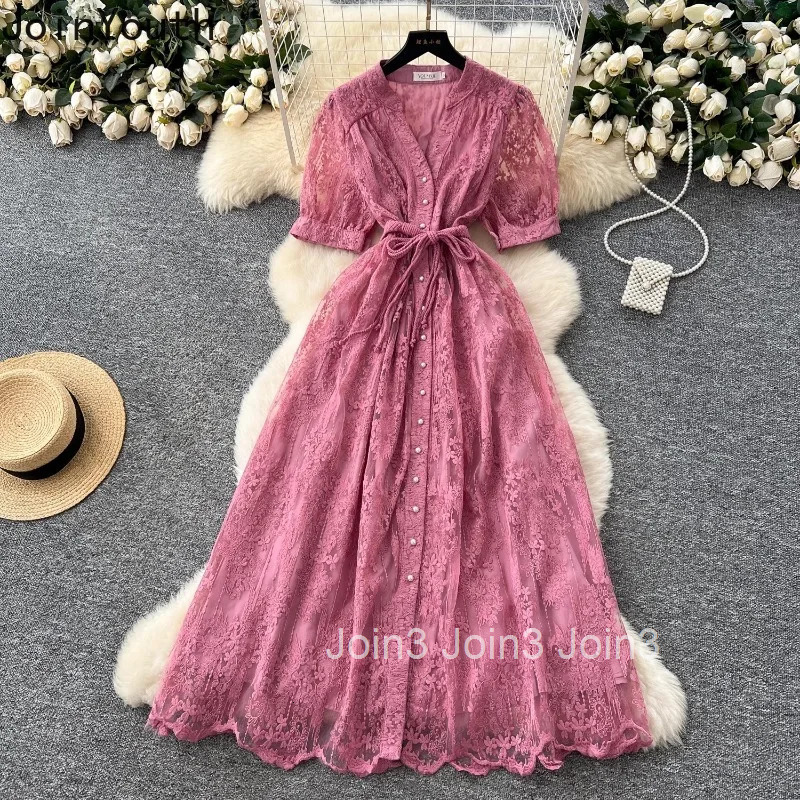 2025 Vestidos De Mujer Vintage Summer Dresses for Women Bandage Slim Waist Lace Robe Femme Chic Korean A-line Elegant Maxi Dress