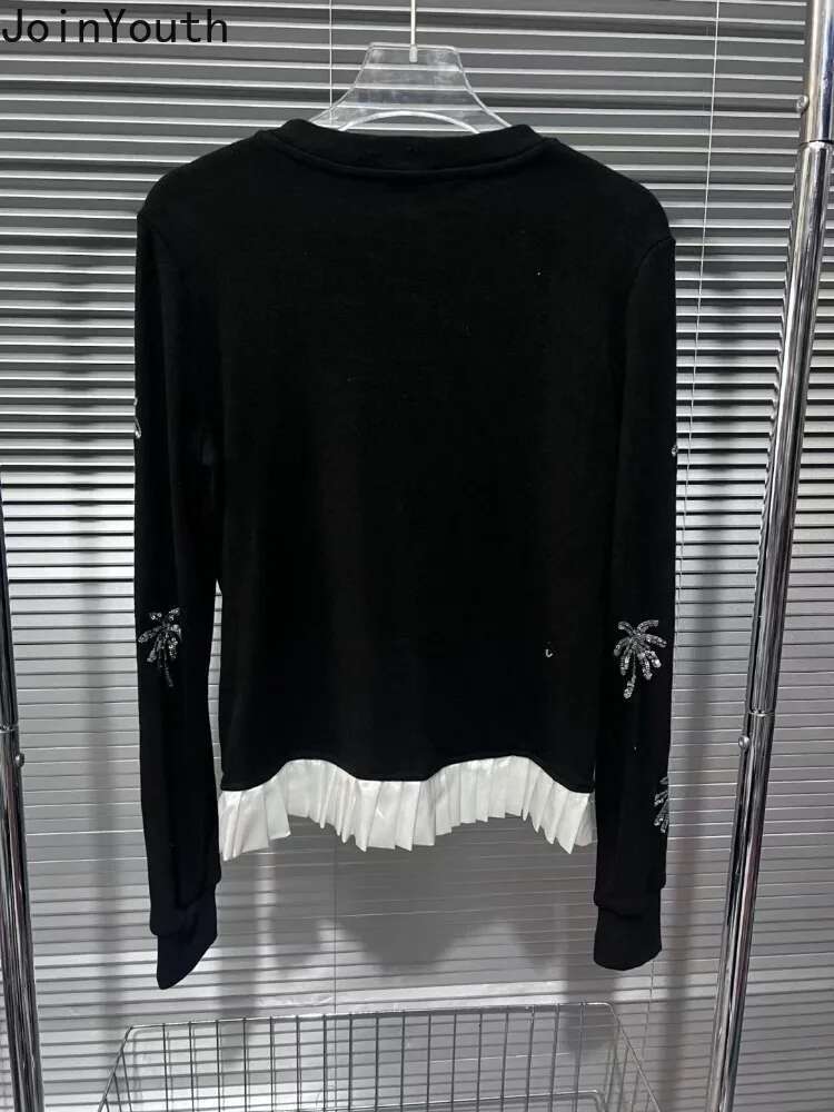 2025 Women Cardigan Patchwork Ruffles Sequin Sueter Mujer O-neck Casual Black Pull Femme Vintage Knitting Korean Sweater Tops
