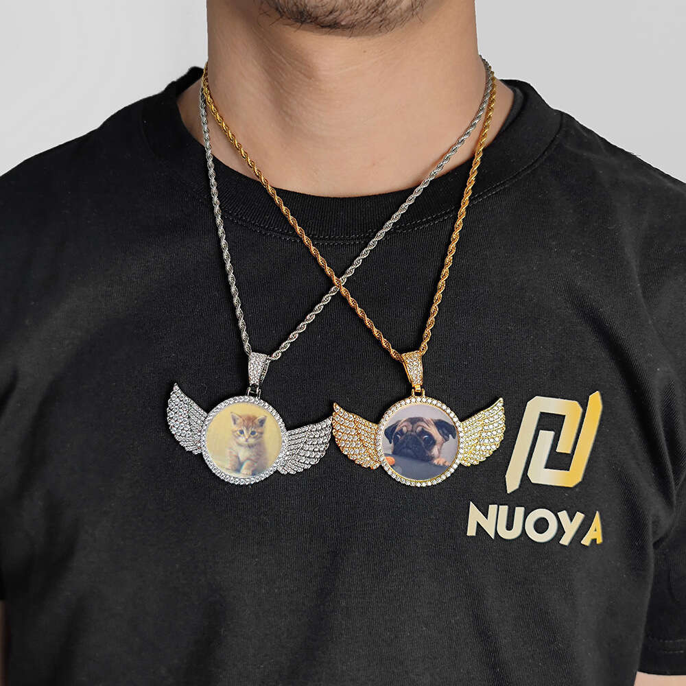 Hip Hop Memory Angel Wings Round Pendant Copper Inlaid Zircon DIY Creative Photo Frame Necklace Jewelry 10d4