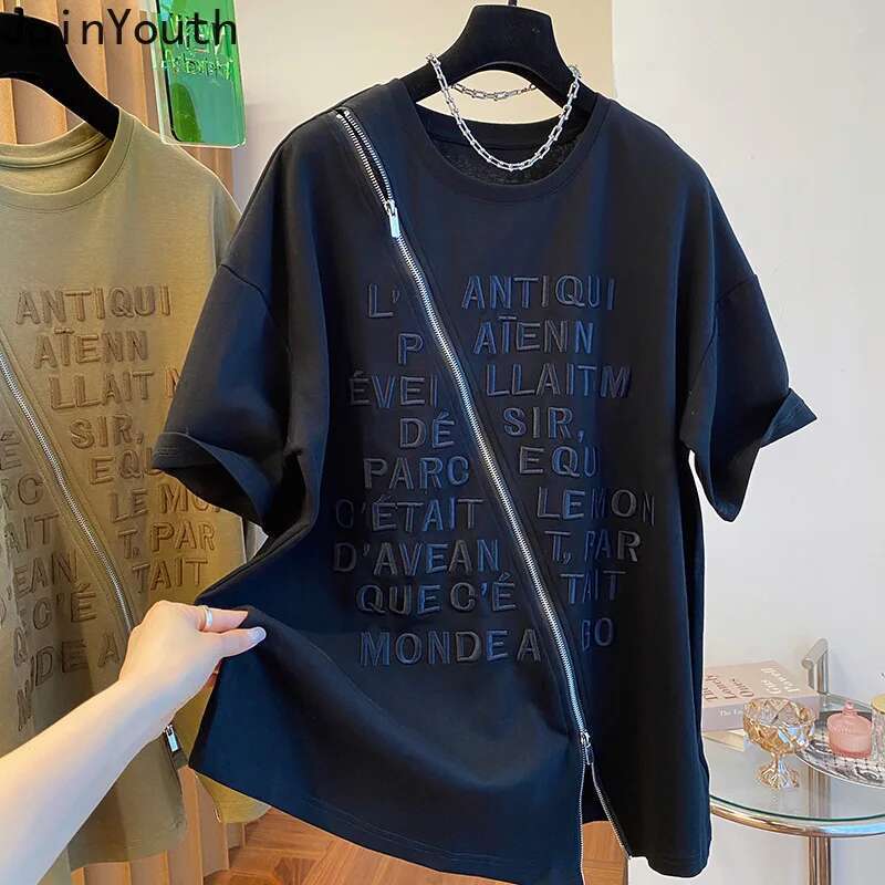 Streetwear Y2k Tops Summer T Shirts Women Clothing Short Sleeve O-neck Letter Tees Patchwork Zipper Embroidery Casual T-shirt