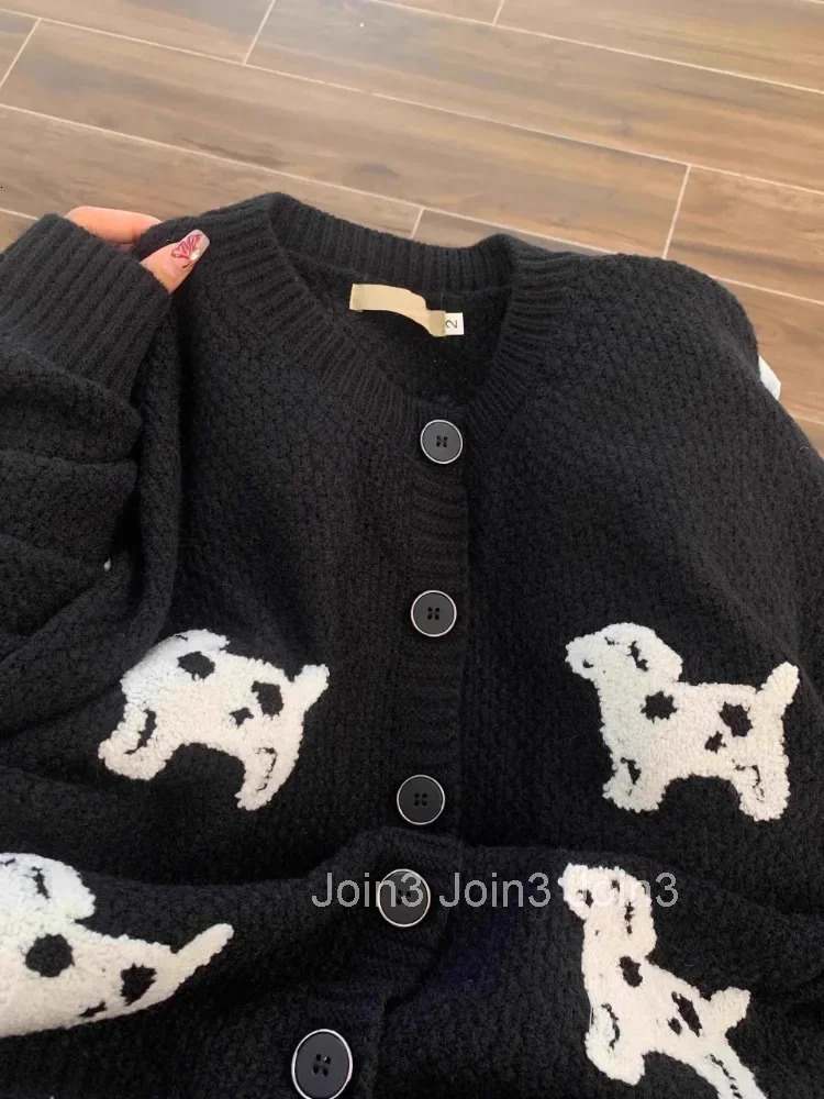 Dog Black Cardigan Women Winter Clothing Sueter Mujer O-neck Fashion Thicked Knitting Sweater Jackets Vintage Korean Pull Femme