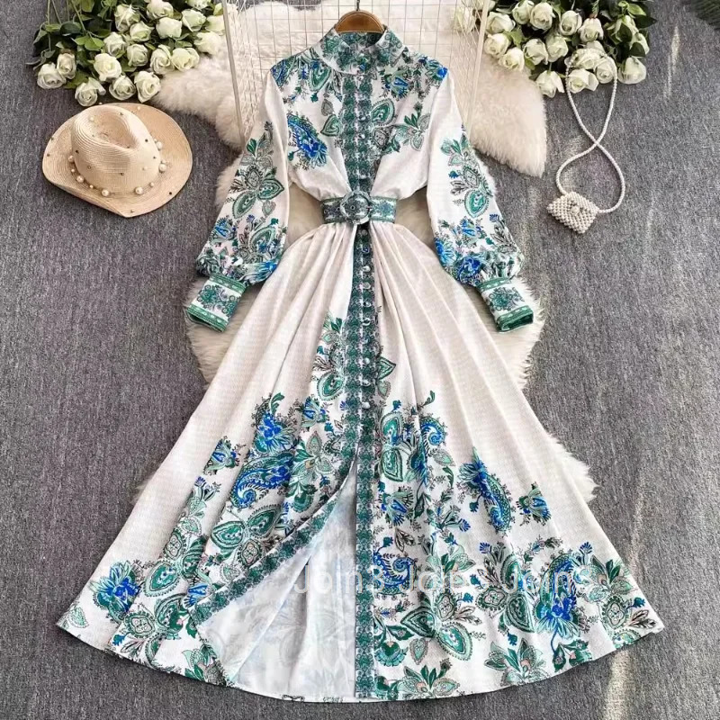 Stand Neck Maxi Dresses for Women Temperament Robe Femme Single Breasted Floral Vintage Slim Waist Dress Korean Vestido Femme