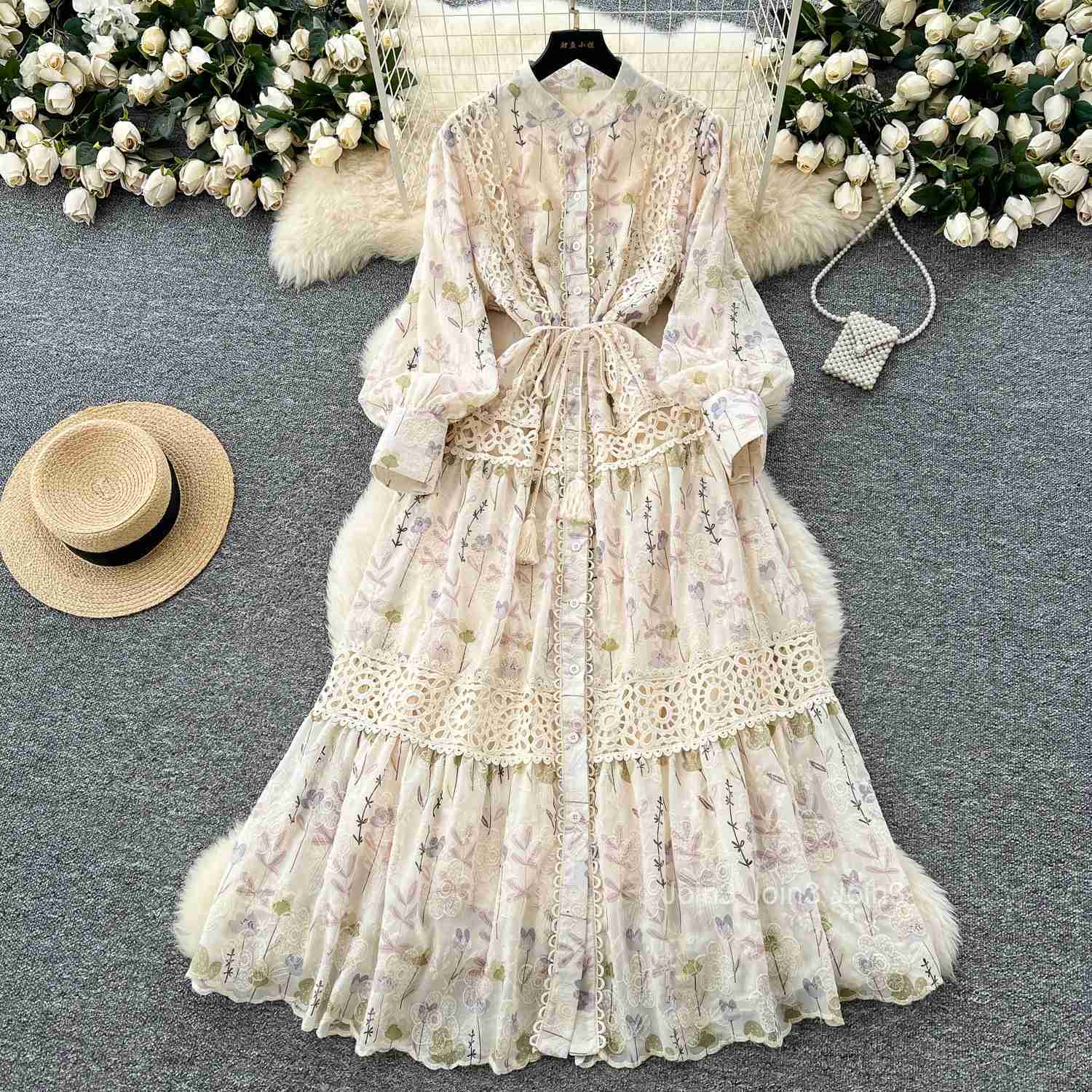 Floral Dresses Women Clothing 2025 Vestidos De Mujer Patchwork Lace Slim Waist Vintage Robe Femme Embroidery Hollow Out Dress