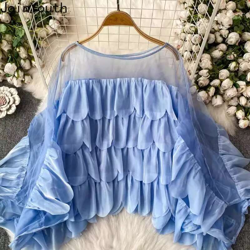 2025 Blusas Mujer De Moda Summer Blouese Women Clothing Patchwork Gauze Ruffles Long Sleeve Shirt Chic Loose Blouse Tops Female